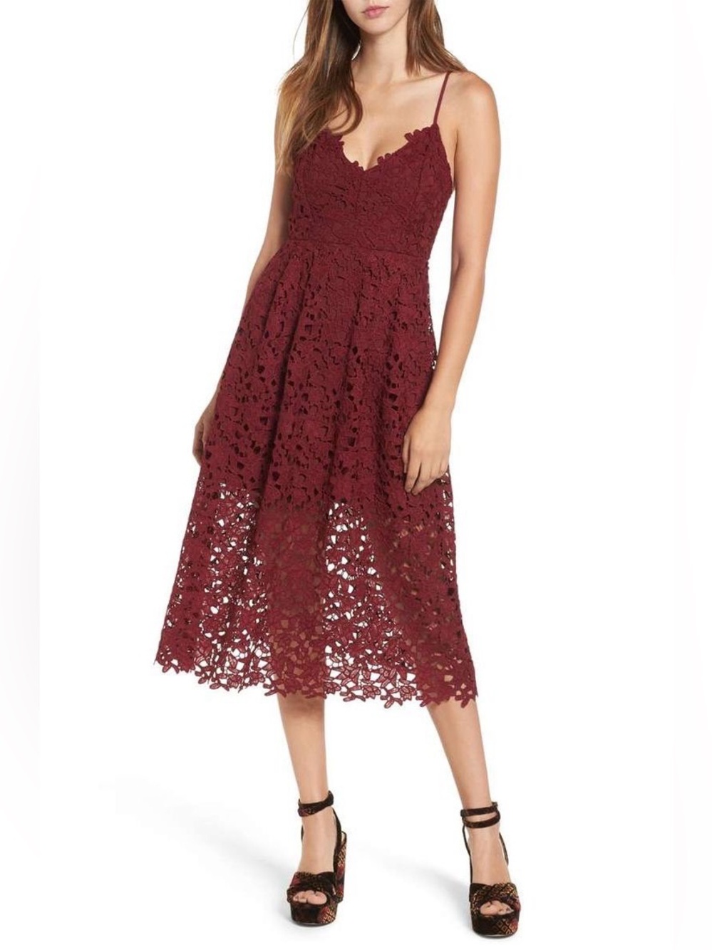 ASTR Burgundy Red Lace Midi Dress - Picture 2 of 9